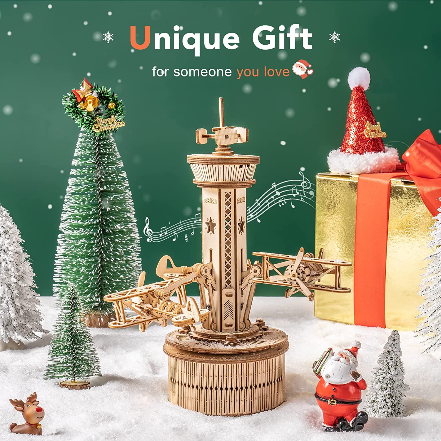 CJ Robotime Rokr 3D Wooden Puzzles For Adults DIY Musical Box Model Kit To Build Self-Assembly Building Kit Airplane- Control Tower