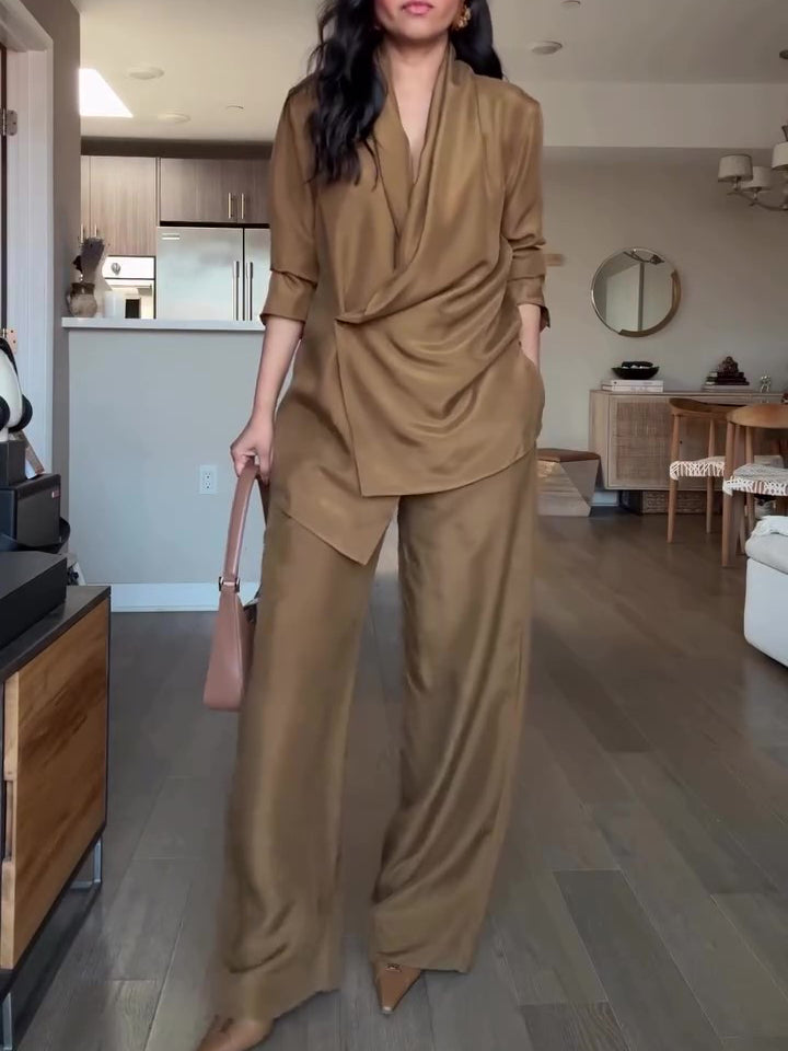 CJ Wrap-style Satin Blouse And Wide-leg Pants Set