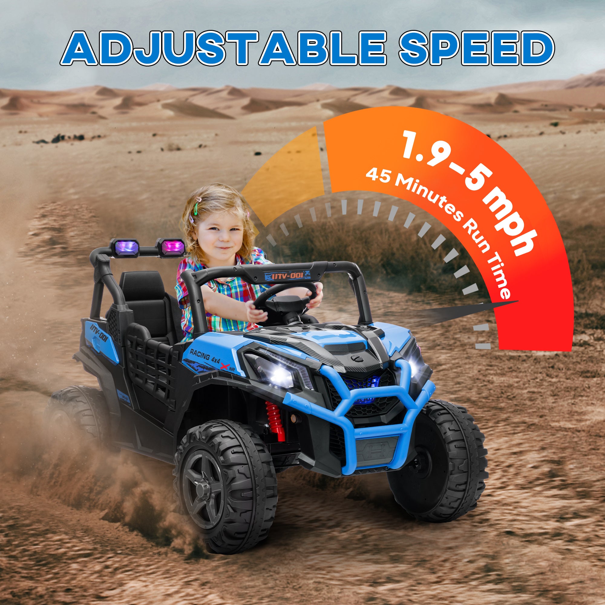 2 Seater 24V Kids Electric Car w/ Remote Control, 3 Speed, LED Lights, Music, Horn, Spring Suspension, Slow Start, Blue