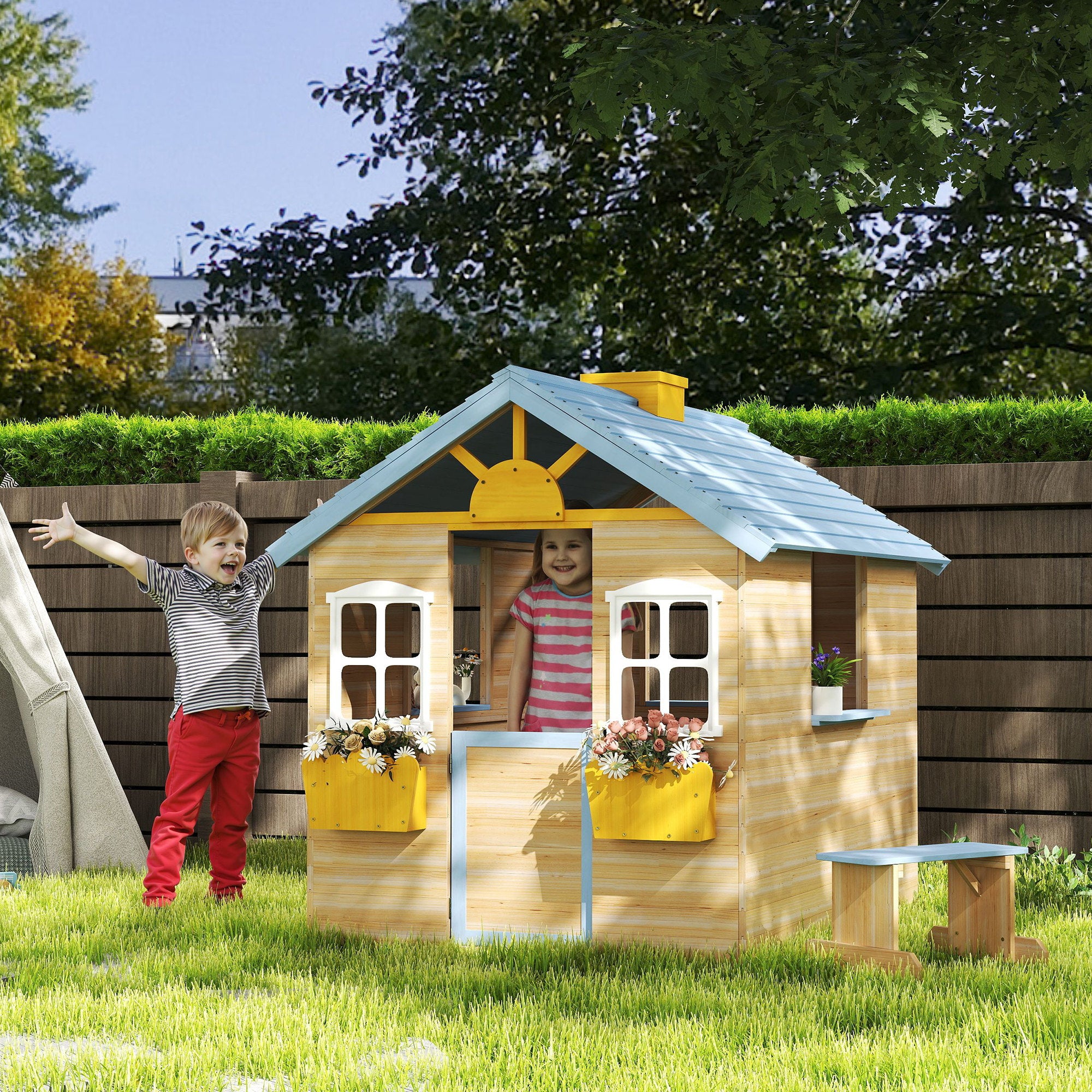 CJ Wooden Playhouse for Kids Outdoor Garden with Working Door, Windows, Bench, Service Station, Flowers Pot Holder, Blue