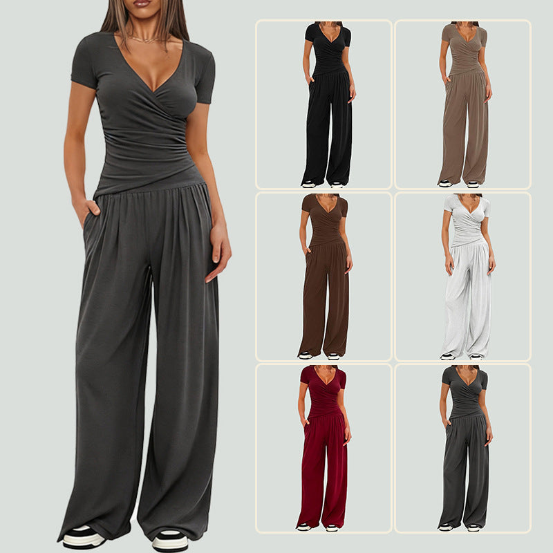 CJ 2 Pieces Women's V Neck Short-sleeve Sportswear Top And Wide-leg Pants Set Casual Comfortable Outfit Set For Daily Wear Gym Sports Outfit