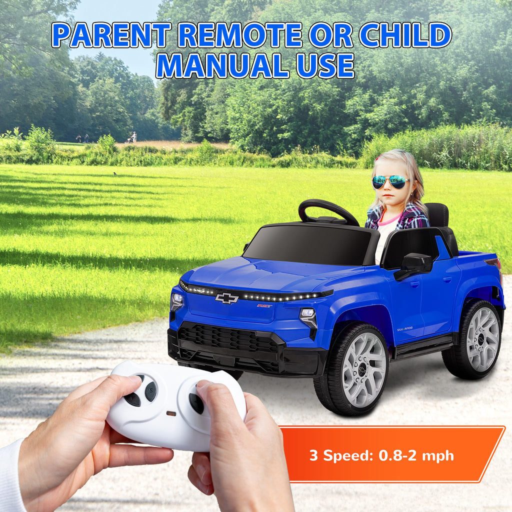 CJ 12V Chevrolet Silverado EV RST Licensed Kids Electric Car with Parent Remote Control, Spring Suspension, Blue