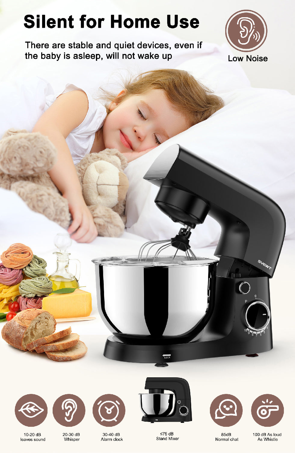 CJ SVEWT SM-1540 1500W Stand Mixer Chef Machine Food Mixer 10-Speed Control With 5.5L SUS304 Stainless Steel Bowl - Black