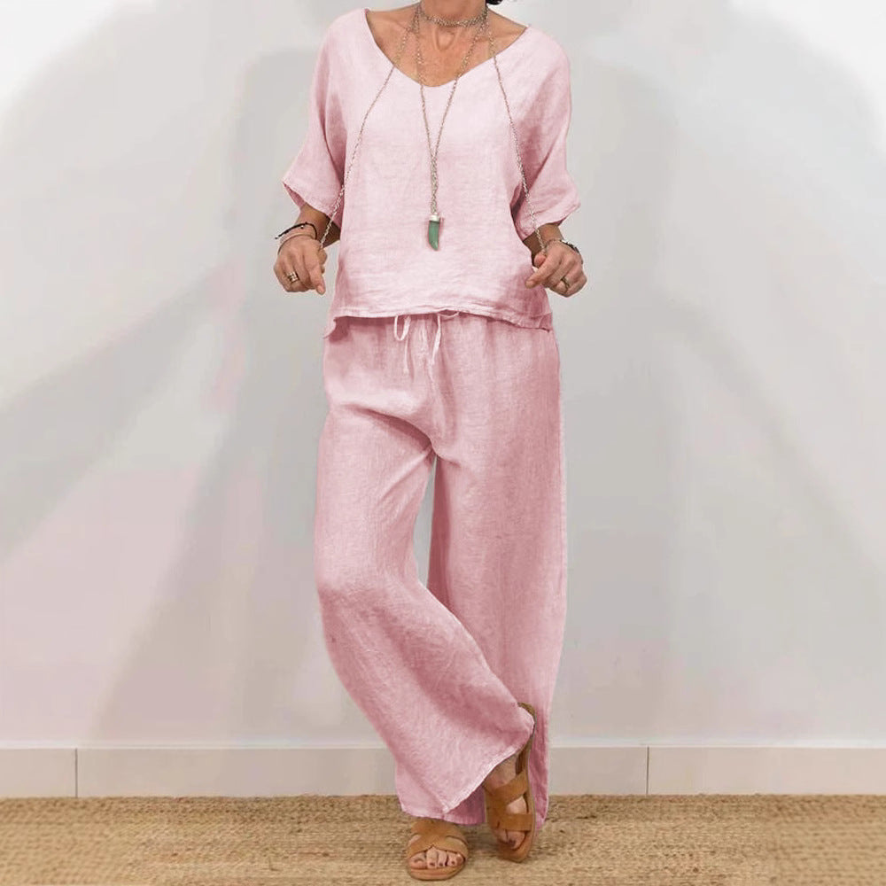 CJ  Womens Multi-Color Two-Piece Set Casual V-Neck Pullover With Three-Quarter Sleeves And Extended Pants