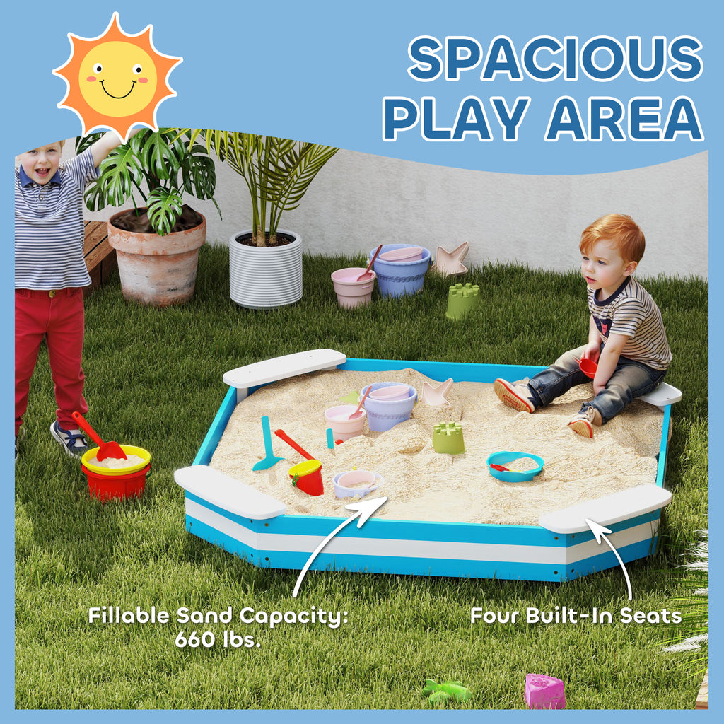 Kids Sandbox with 4 Corner Seats, Bottom Liner for Backyard, Garden, Outdoor, 52" x 52" x 6", Blue