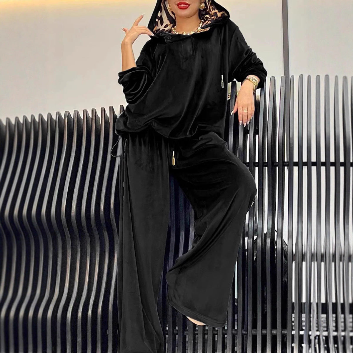 CJ Loose Casual Two-piece Suit Leopard Print Hoodie And Pants Suit For Women