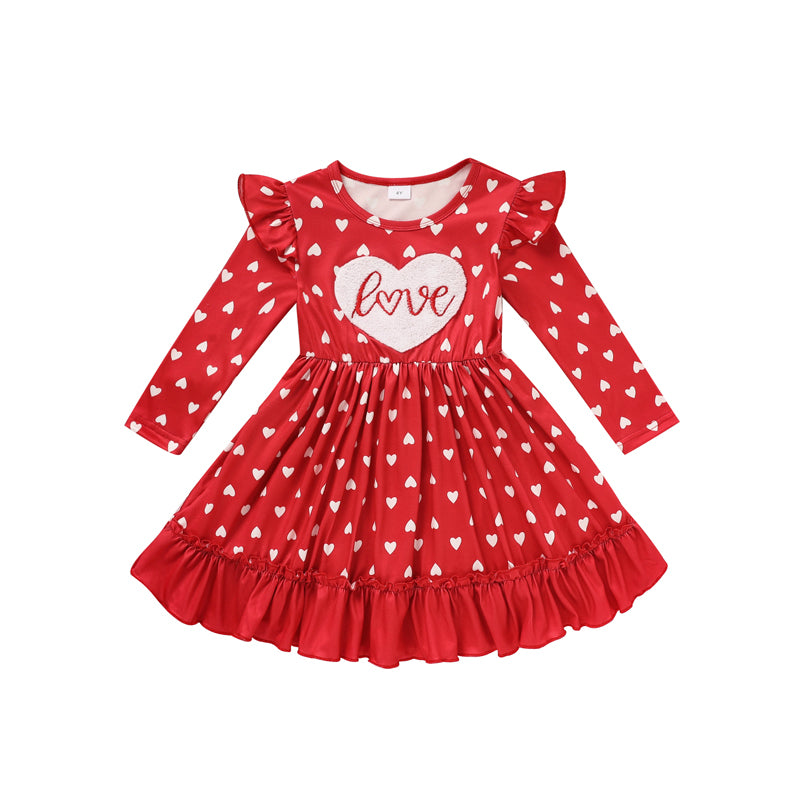 CJ Toddler Girl's Cute 'LOVE' Embroidered Dress, Heart Print Long Sleeve A-Line Dress With Ruffle Hem