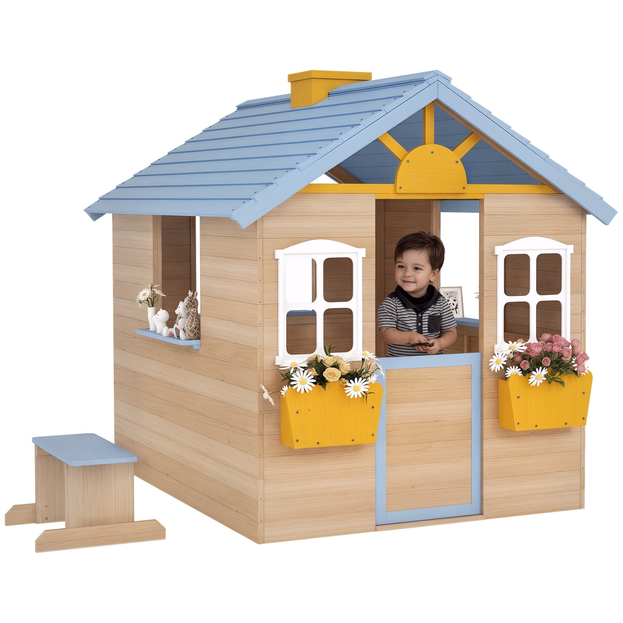 CJ Wooden Playhouse for Kids Outdoor Garden with Working Door, Windows, Bench, Service Station, Flowers Pot Holder, Blue
