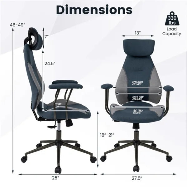 CJ Gray Blue Color Blocking Office Chair With 2D Adjustable Headrest, Ergonomic High-Back Desk Chair 330 Lbs Capacity