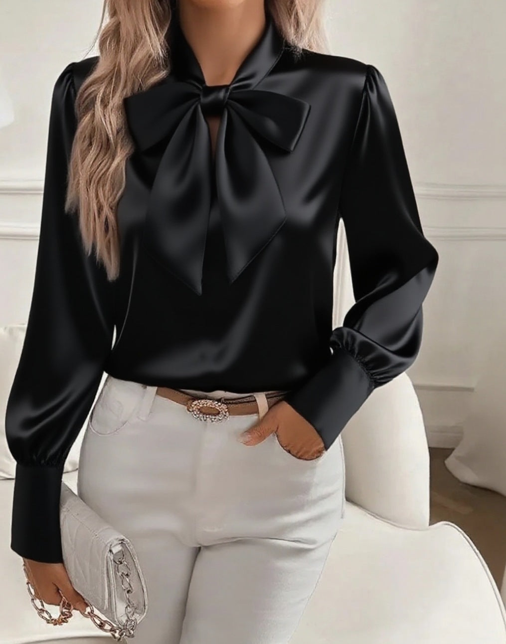 CJ Bow-tie Blouse Fashion Commuting Lace-up Pullover Long-sleeved Top Women's Clothing