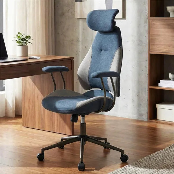 CJ Gray Blue Color Blocking Office Chair With 2D Adjustable Headrest, Ergonomic High-Back Desk Chair 330 Lbs Capacity