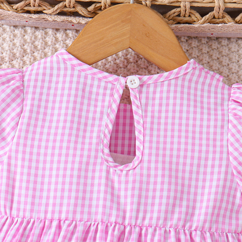 CJ Toddler Girl's Lapel Bubble Sleeve Dress, Checkered Pattern & Bunny Embroidery A-Line Summer Dress