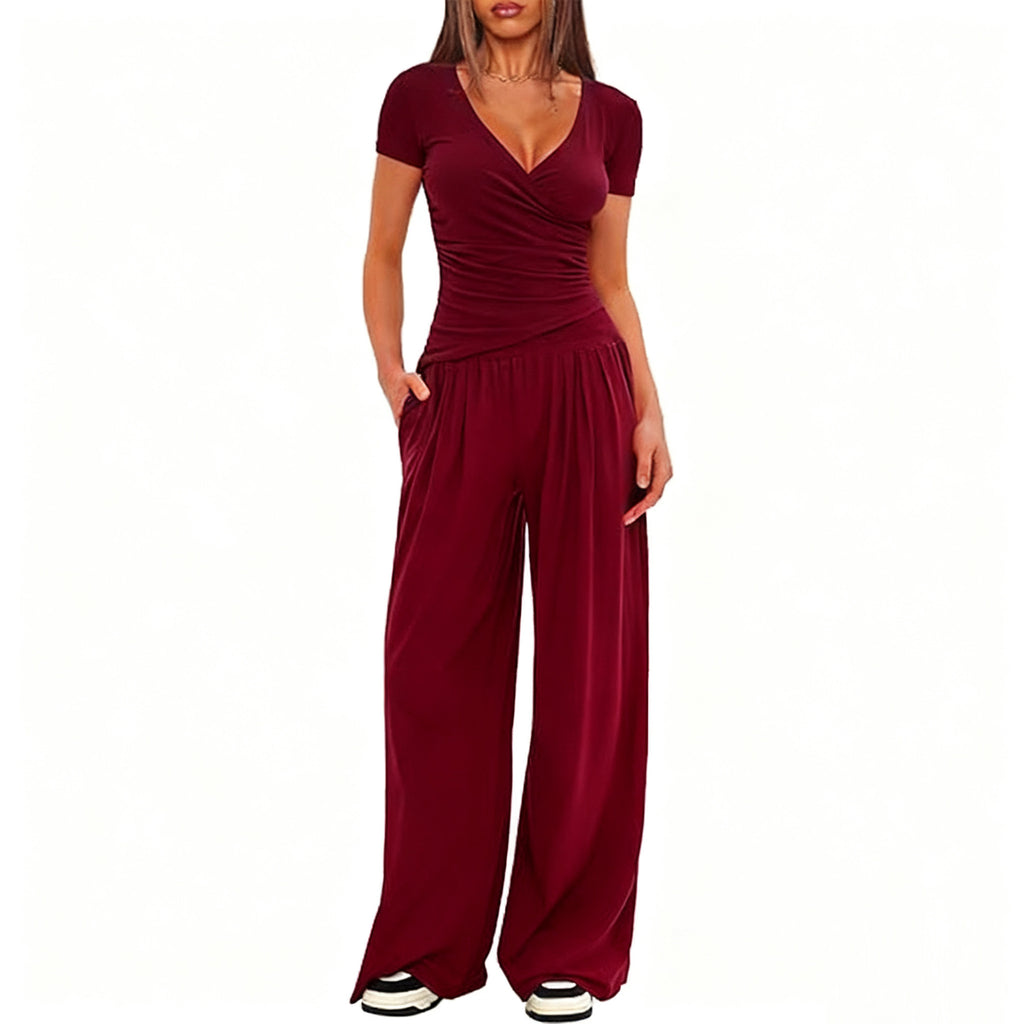 CJ 2 Pieces Women's V Neck Short-sleeve Sportswear Top And Wide-leg Pants Set Casual Comfortable Outfit Set For Daily Wear Gym Sports Outfit