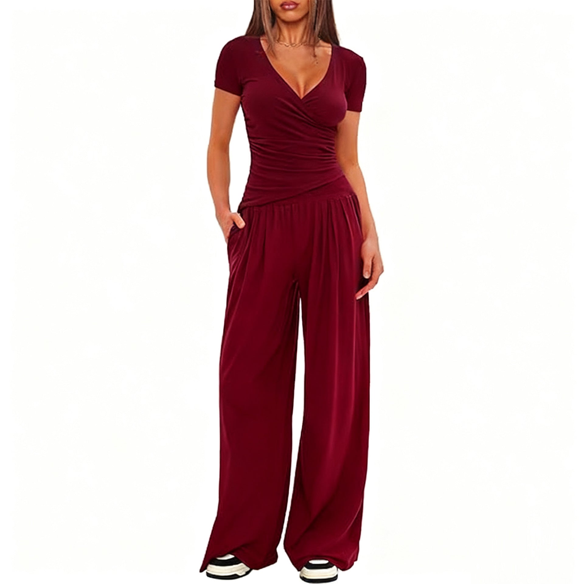 CJ 2 Pieces Women's V Neck Short-sleeve Sportswear Top And Wide-leg Pants Set Casual Comfortable Outfit Set For Daily Wear Gym Sports Outfit