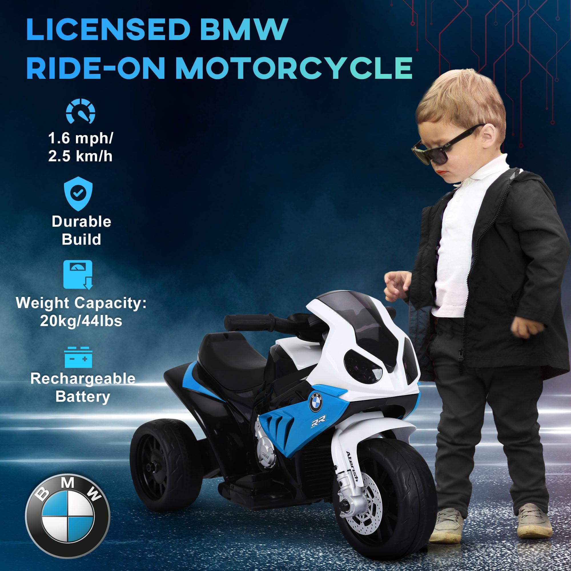 CJ  6V 3 Wheeled Electric Motorcycle, Kids Motorcycle Licensed BMW with Headlight, Music, Blue