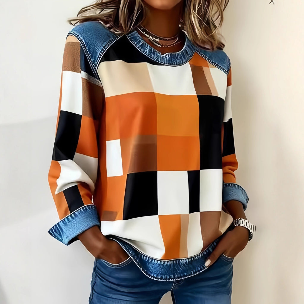 CJ Denim Patchwork Sweatshirt Fashion Unique Crewneck Pullover Long-sleeved Shirt Top Women's Clothing