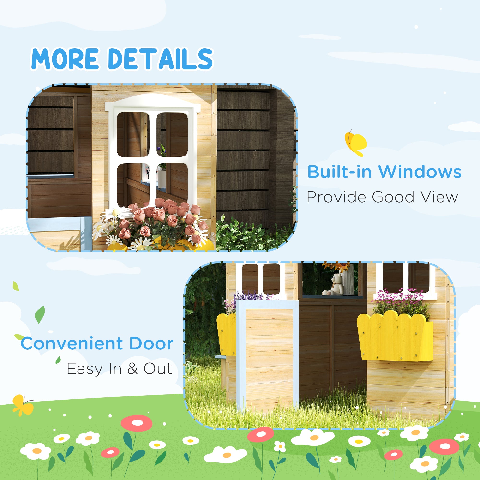 CJ Wooden Playhouse for Kids Outdoor Garden with Working Door, Windows, Bench, Service Station, Flowers Pot Holder, Blue