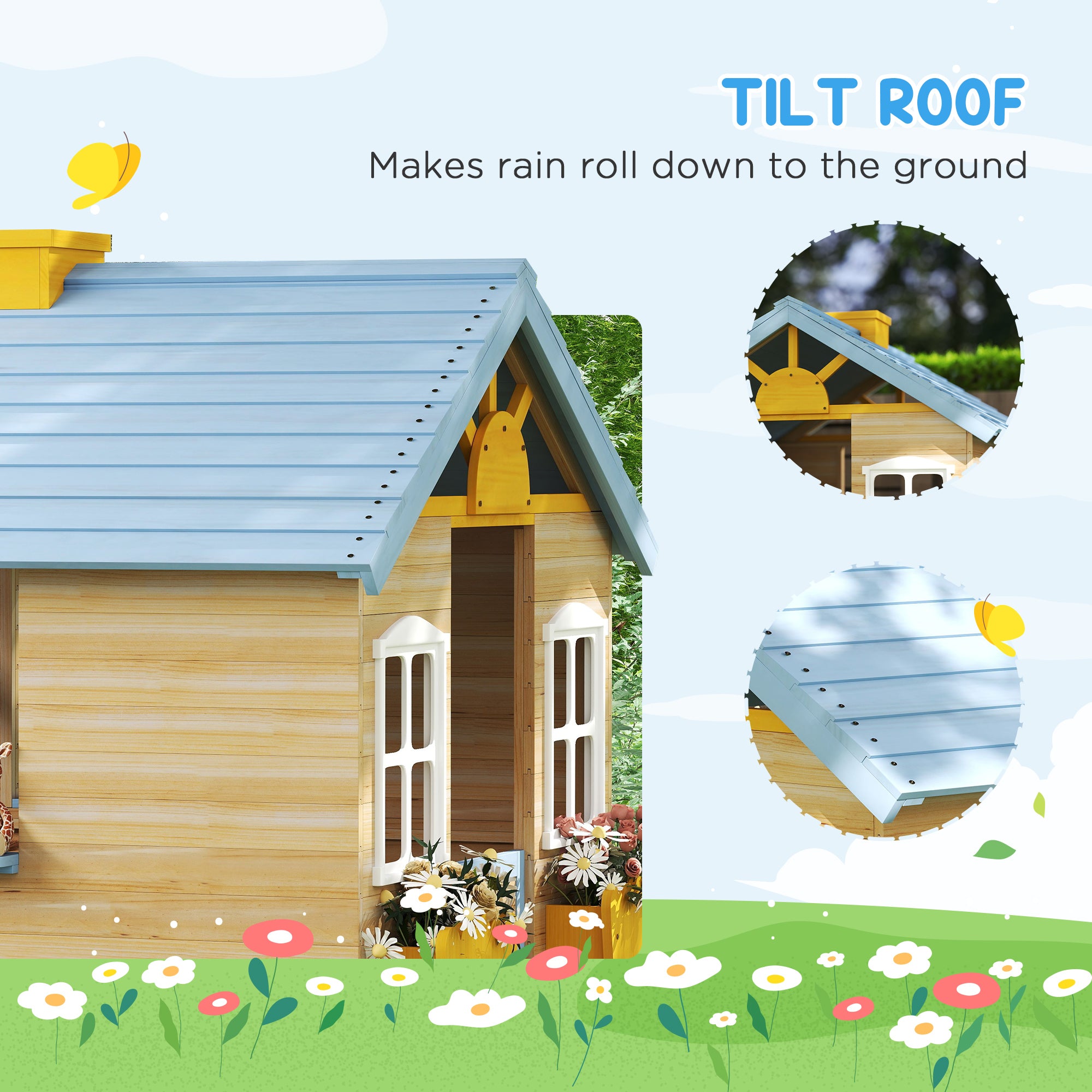 CJ Wooden Playhouse for Kids Outdoor Garden with Working Door, Windows, Bench, Service Station, Flowers Pot Holder, Blue
