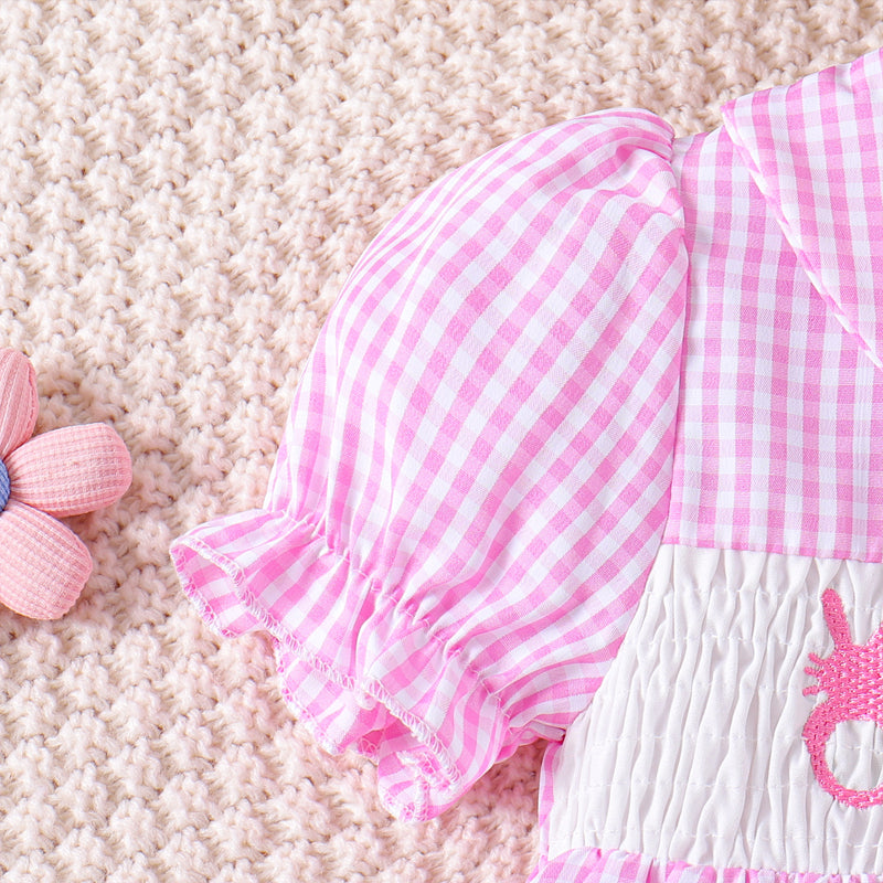 CJ Toddler Girl's Lapel Bubble Sleeve Dress, Checkered Pattern & Bunny Embroidery A-Line Summer Dress