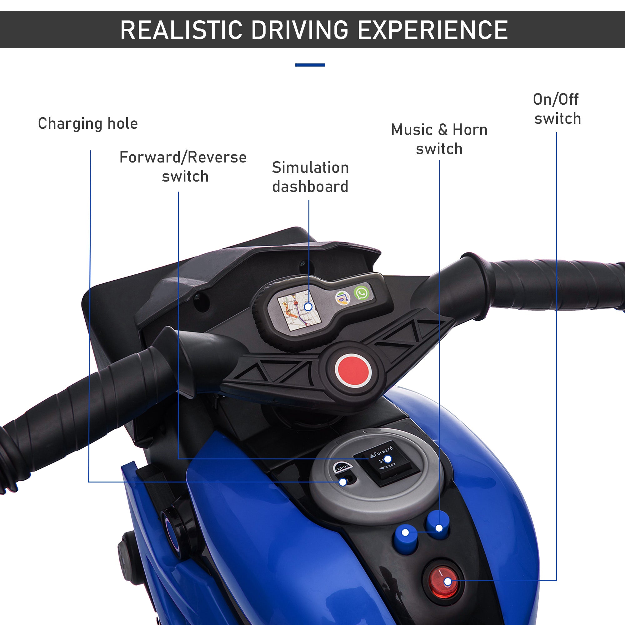 CJ Electric Motorbike For Kids 6V Ride-On Motorcycle Toy With Music Horn Headlights Blue