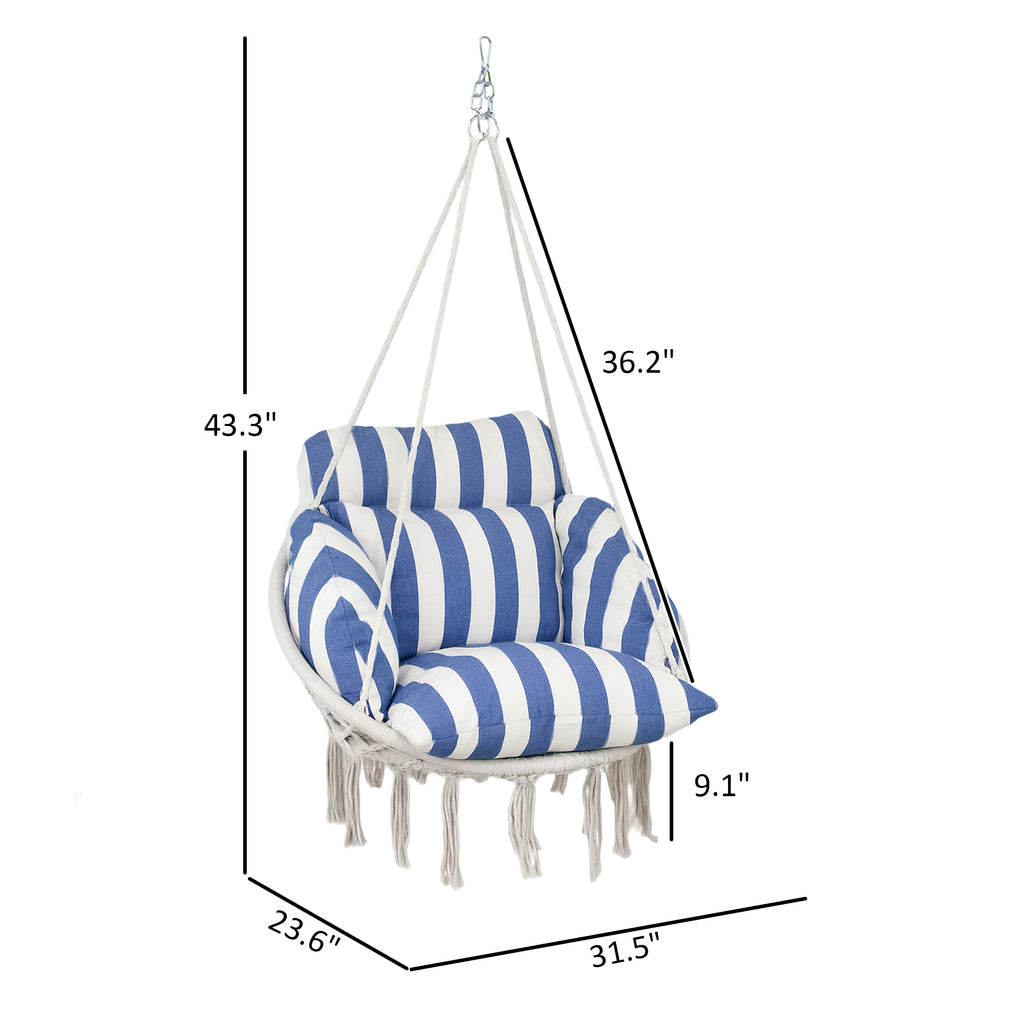 Hammock Swing Chair, Hanging Chair With Large Cushion, Chain, Steel Frame For Indoor Outdoor Use, Blue And White