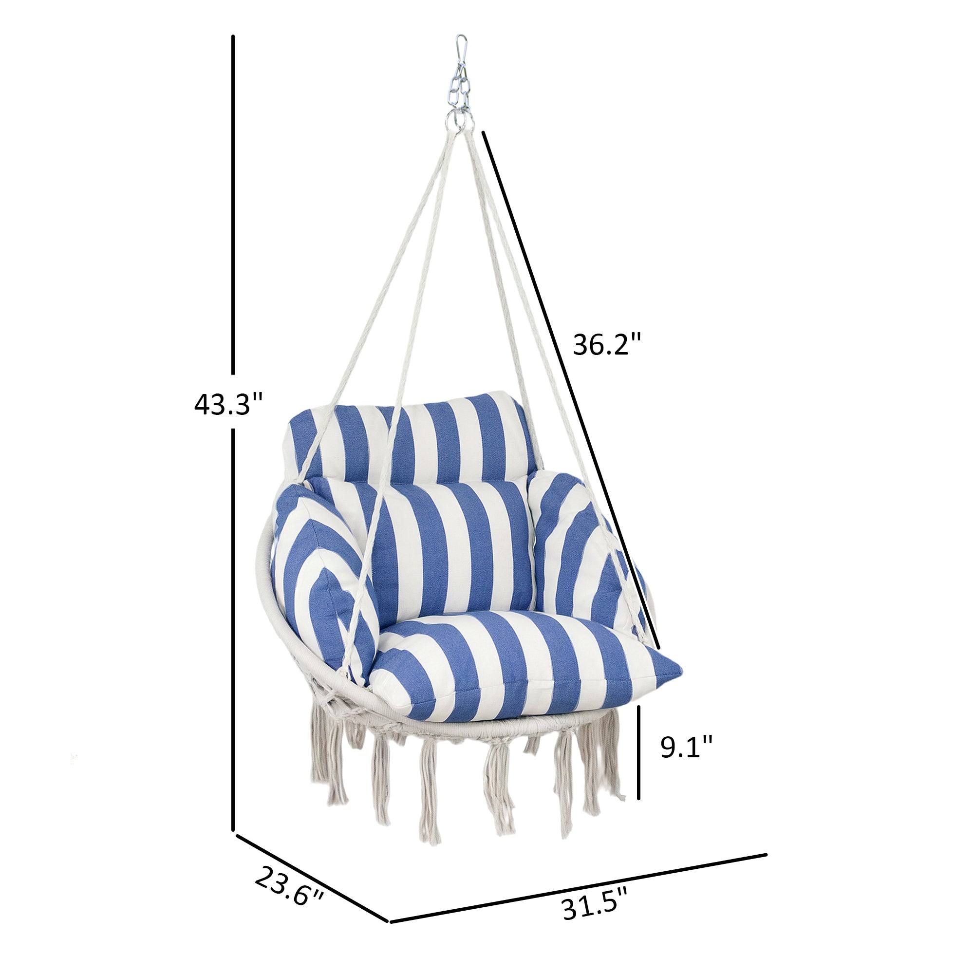 Hammock Swing Chair, Hanging Chair With Large Cushion, Chain, Steel Frame For Indoor Outdoor Use, Blue And White
