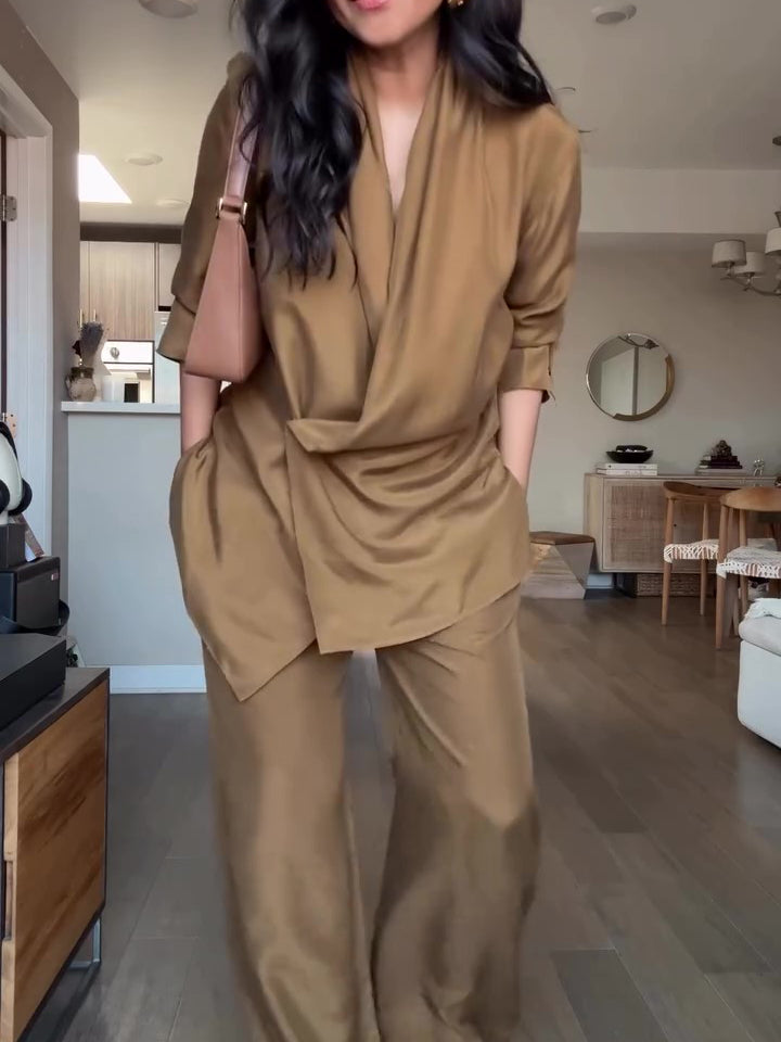 CJ Wrap-style Satin Blouse And Wide-leg Pants Set