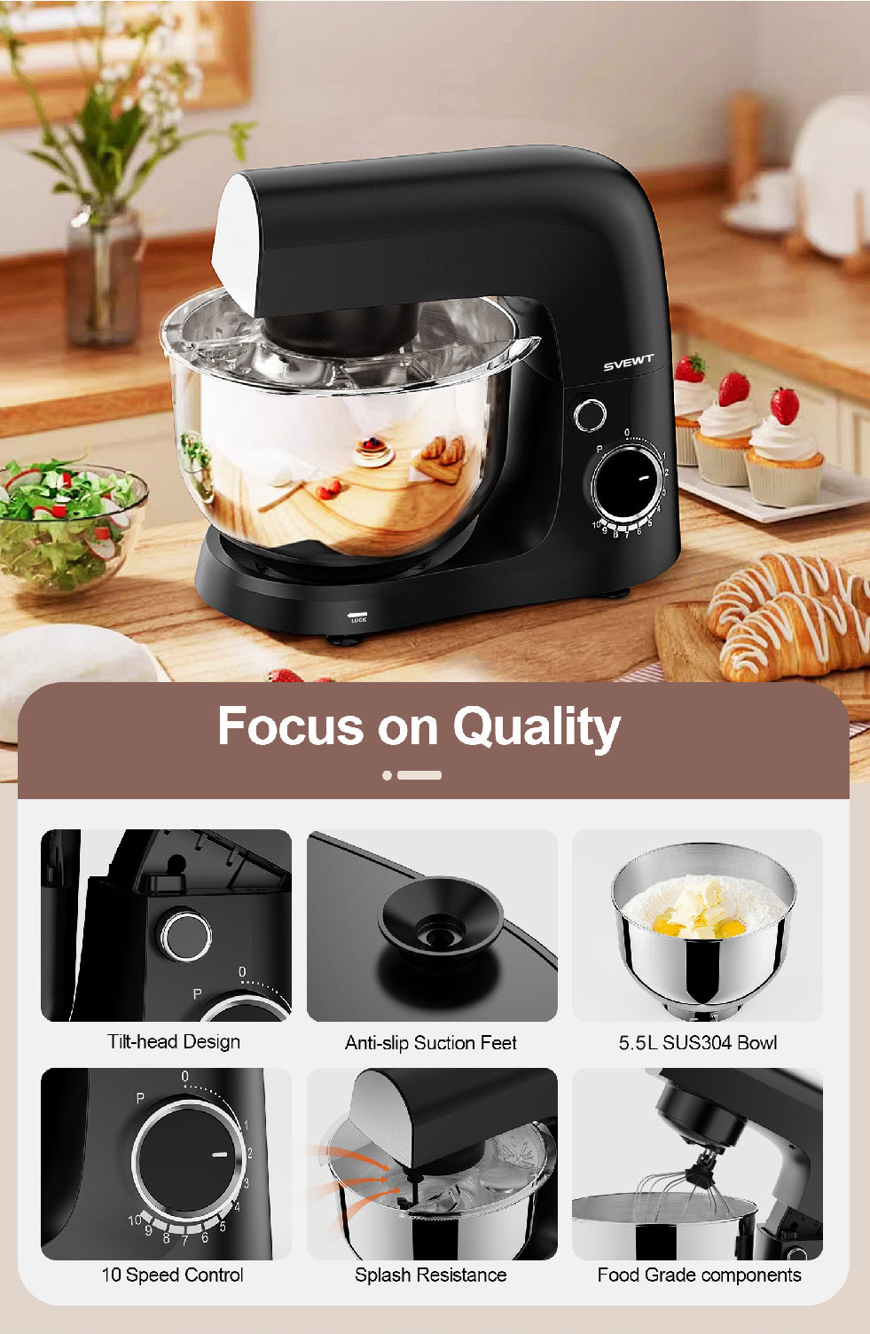 CJ SVEWT SM-1540 1500W Stand Mixer Chef Machine Food Mixer 10-Speed Control With 5.5L SUS304 Stainless Steel Bowl - Black