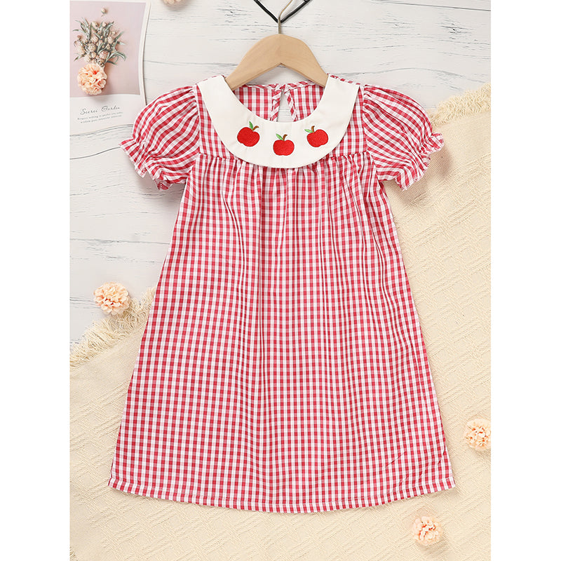 CJ Toddler Kids Girls Back To School Dress Smocked Collar Puff Sleeve Plaid Embroidered Print Dress