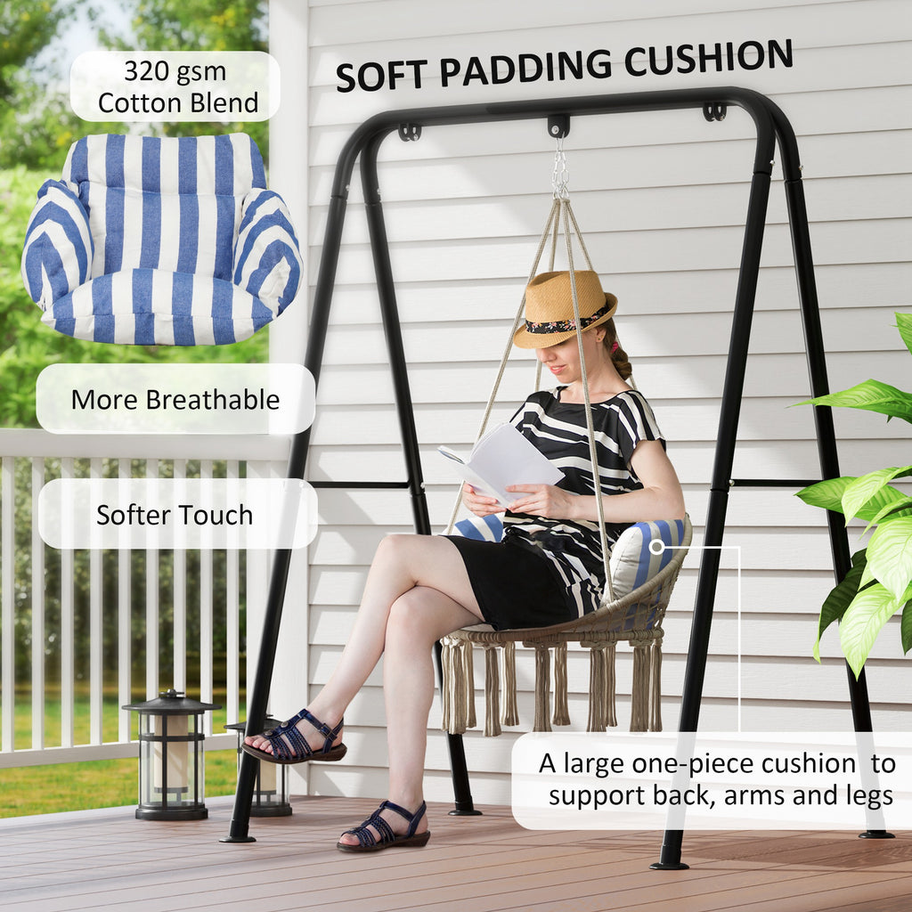Hammock Swing Chair, Hanging Chair With Large Cushion, Chain, Steel Frame For Indoor Outdoor Use, Blue And White