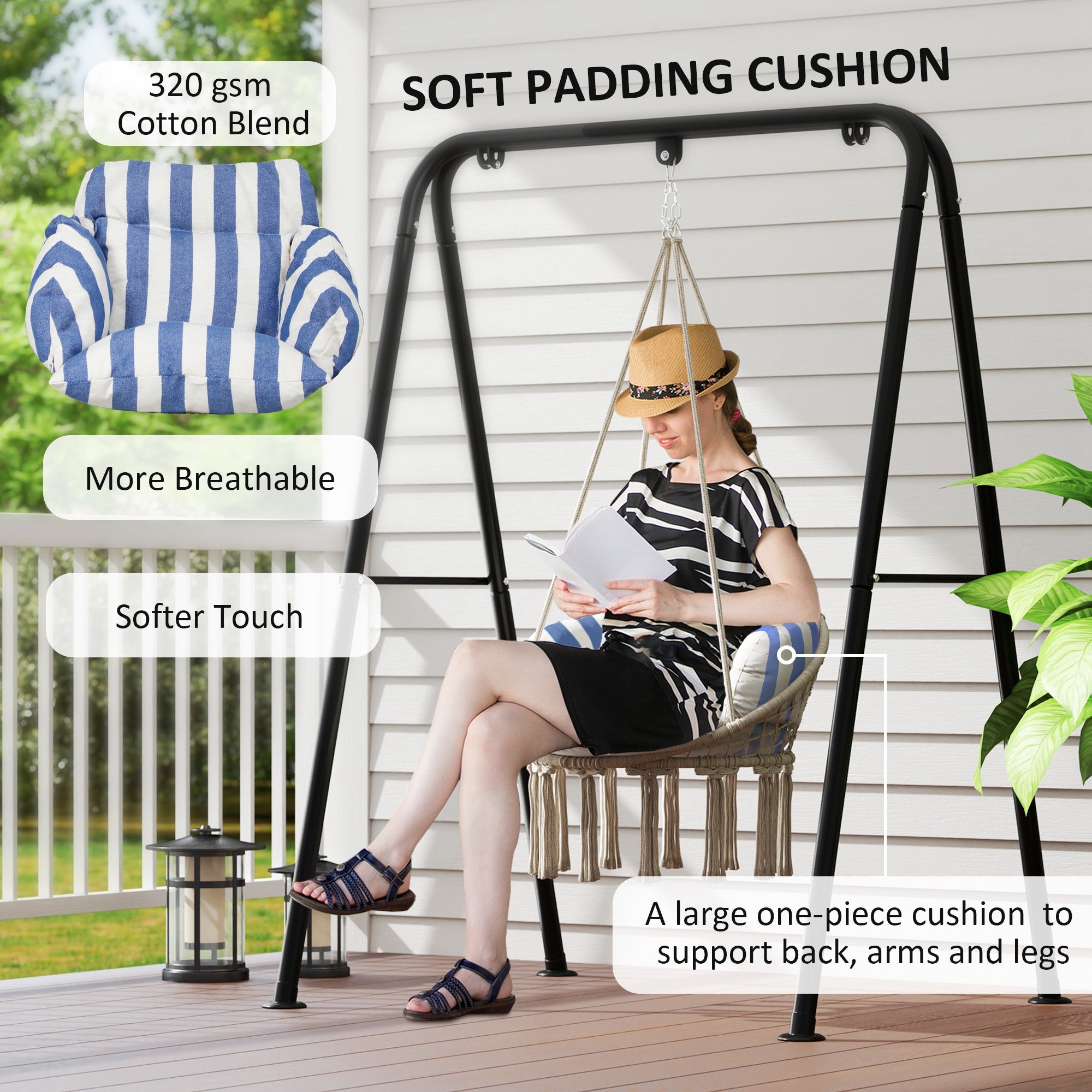 Hammock Swing Chair, Hanging Chair With Large Cushion, Chain, Steel Frame For Indoor Outdoor Use, Blue And White