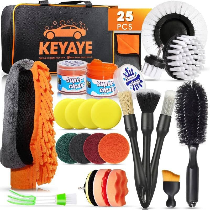 CJ Car Cleaning Kit 25 Pcs Ultimate Car Wash Kit With Drill Brush, Cloth, And Wheel Brush Multi-functional Car Detailing Kit For Deep Cleaning And Interior Care Complete Car Interior Cleaning Kit,