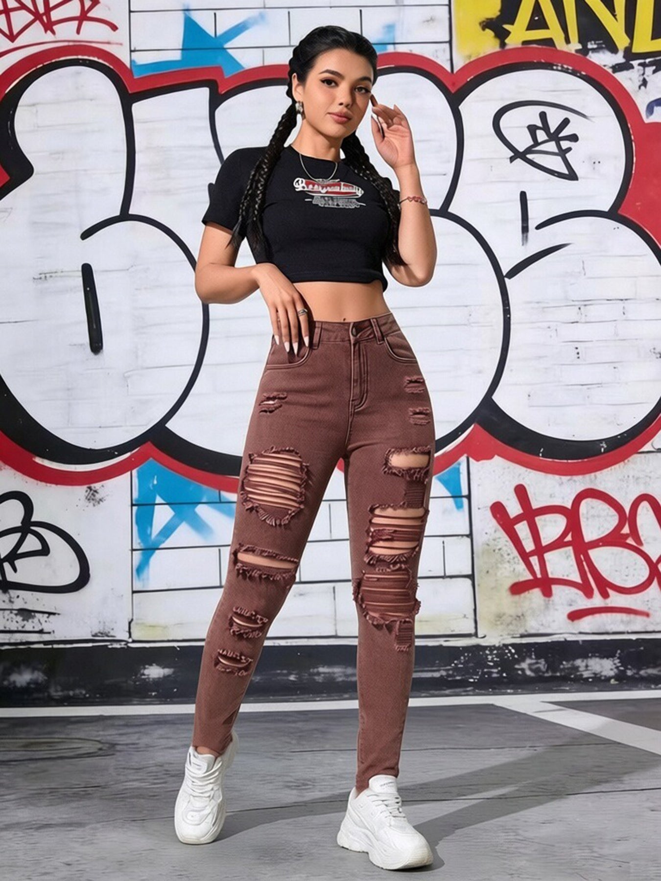 Women's High Waist Brown Ripped Skinny Jeans, Stretchy Distressed Denim Pants