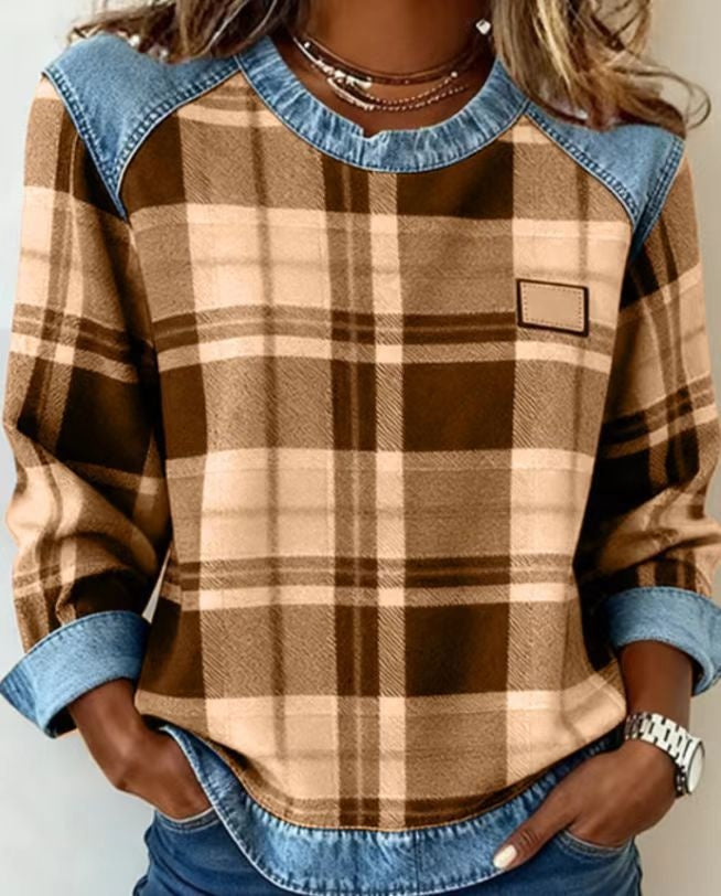 CJ Denim Patchwork Sweatshirt Fashion Unique Crewneck Pullover Long-sleeved Shirt Top Women's Clothing