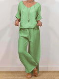 CJ  Womens Multi-Color Two-Piece Set Casual V-Neck Pullover With Three-Quarter Sleeves And Extended Pants