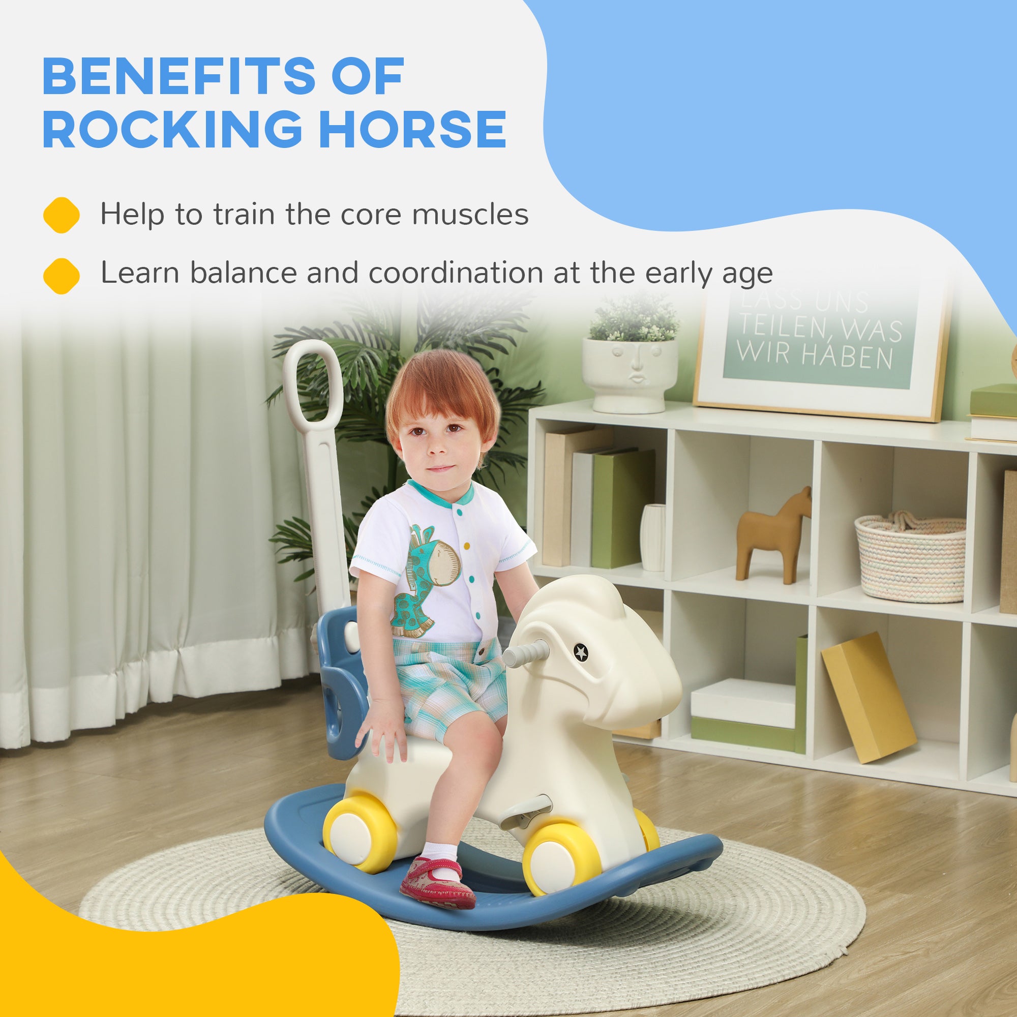 CJ 4 in 1 Rocking Horse for Toddles 1-3 Years with Detachable Push Handle & Balance Board, Blue
