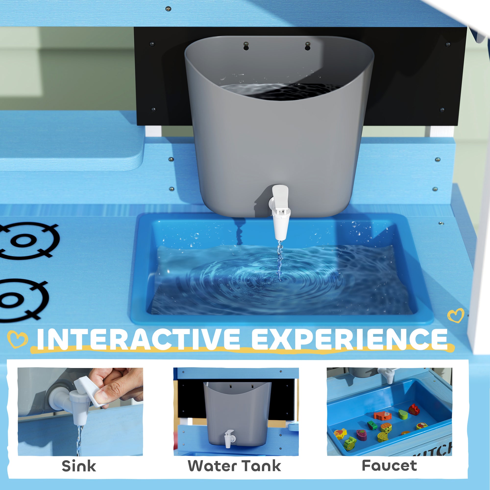 Wooden Mud Kitchen For Kids Outdoor With Sink, Faucet, Water Tank, Storage Shelves, Accessories For Boys And Girls, Blue