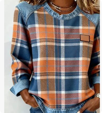 CJ Denim Patchwork Sweatshirt Fashion Unique Crewneck Pullover Long-sleeved Shirt Top Women's Clothing