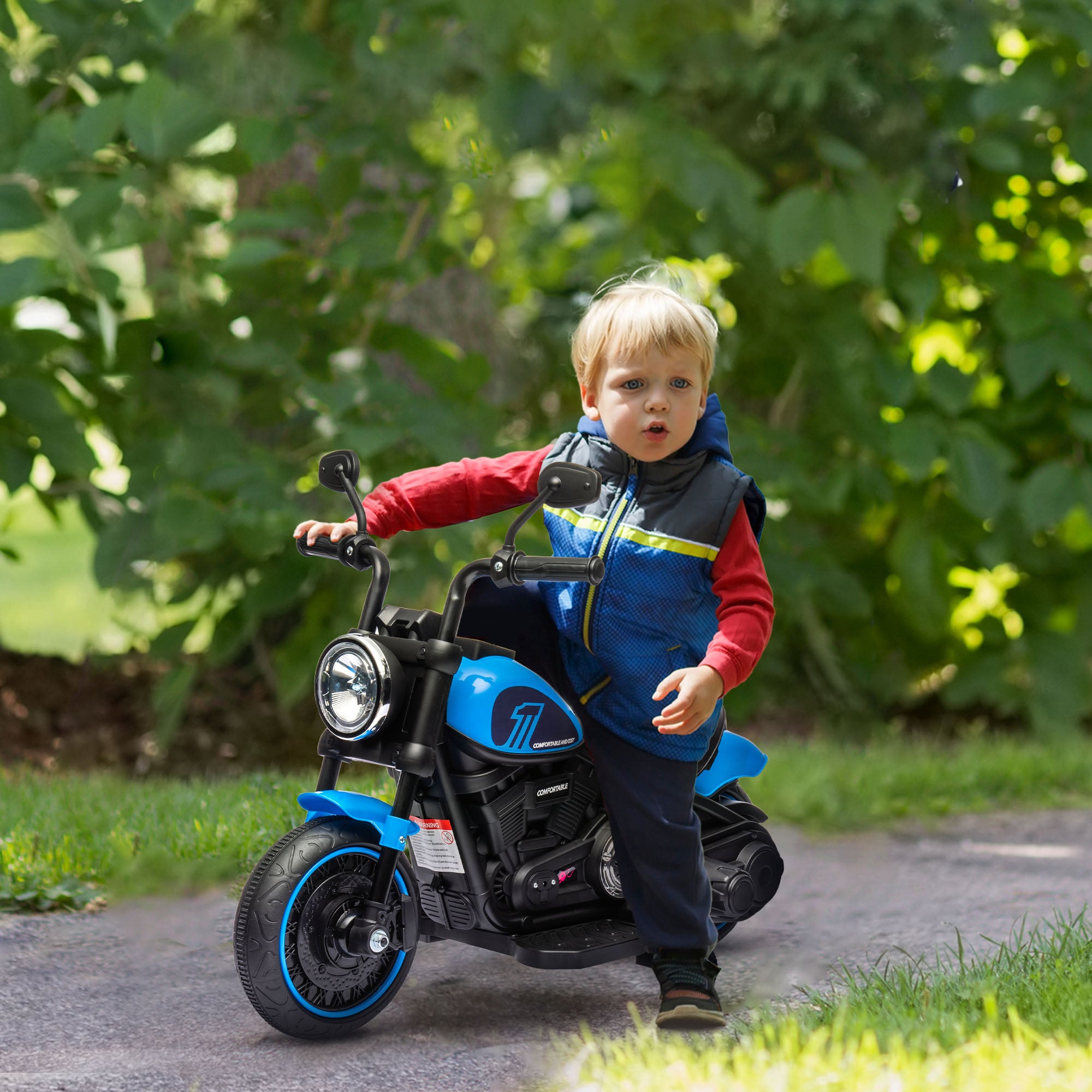CJ 6V Kids Motorcycle w/ Training Wheels, Single-Button Start, Blue