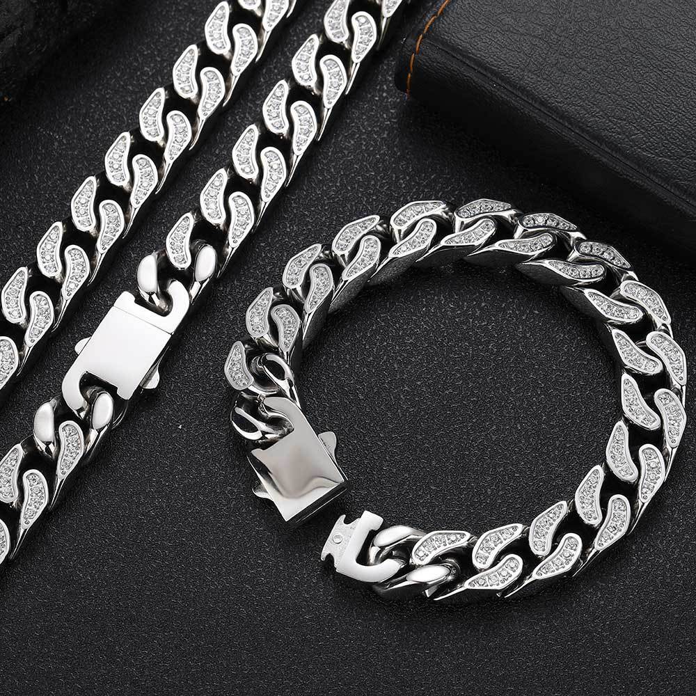CJ Full-Zircon Cuban Chain Titanium Steel Mens Bracelet