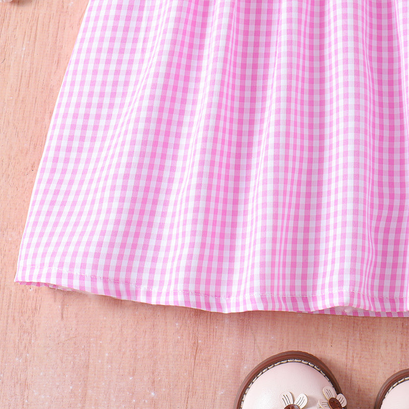 CJ Toddler Girl's Lapel Bubble Sleeve Dress, Checkered Pattern & Bunny Embroidery A-Line Summer Dress