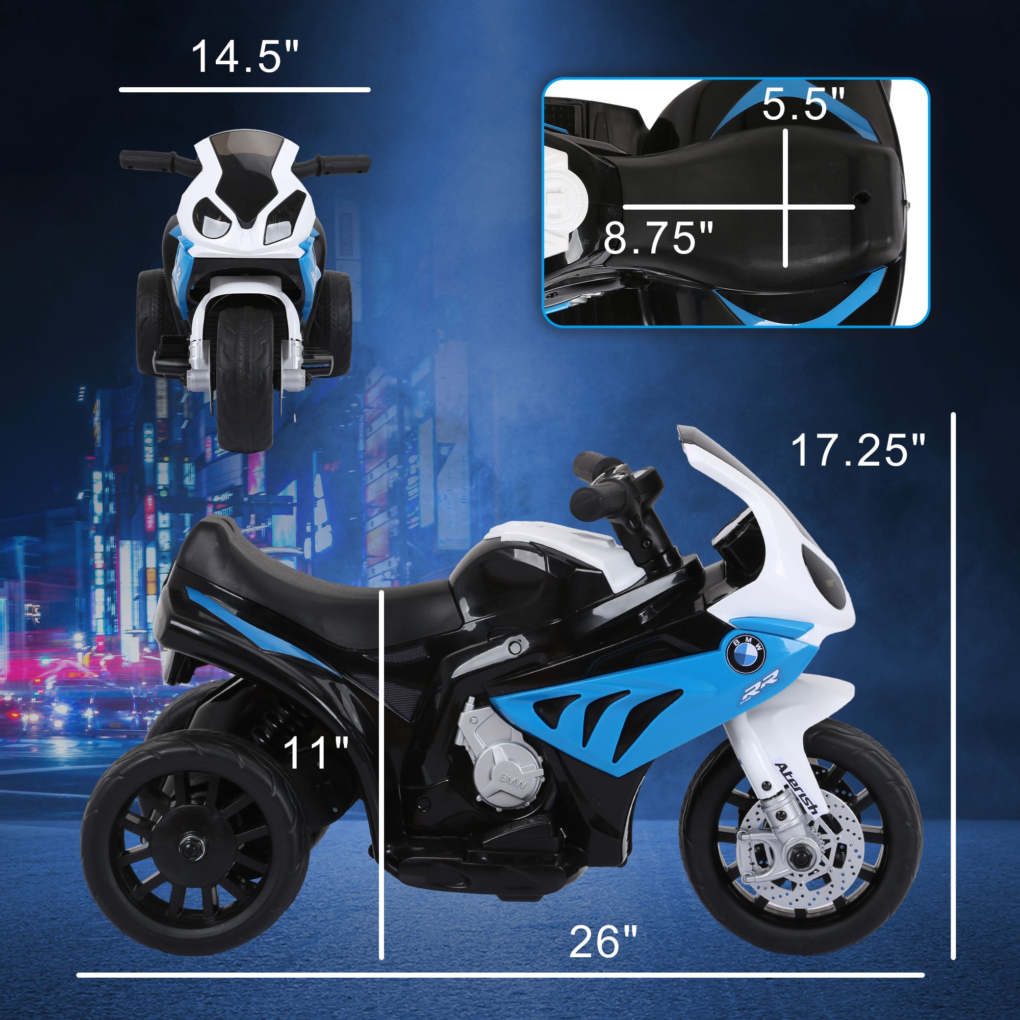 CJ  6V 3 Wheeled Electric Motorcycle, Kids Motorcycle Licensed BMW with Headlight, Music, Blue
