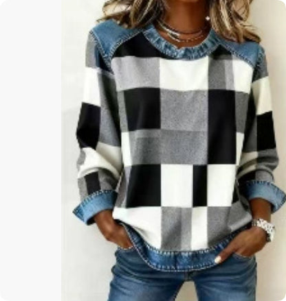 CJ Denim Patchwork Sweatshirt Fashion Unique Crewneck Pullover Long-sleeved Shirt Top Women's Clothing