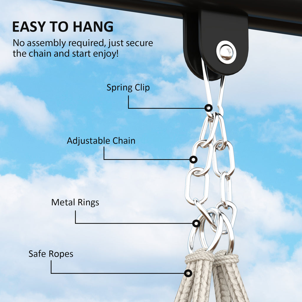 Hammock Swing Chair, Hanging Chair With Large Cushion, Chain, Steel Frame For Indoor Outdoor Use, Blue And White