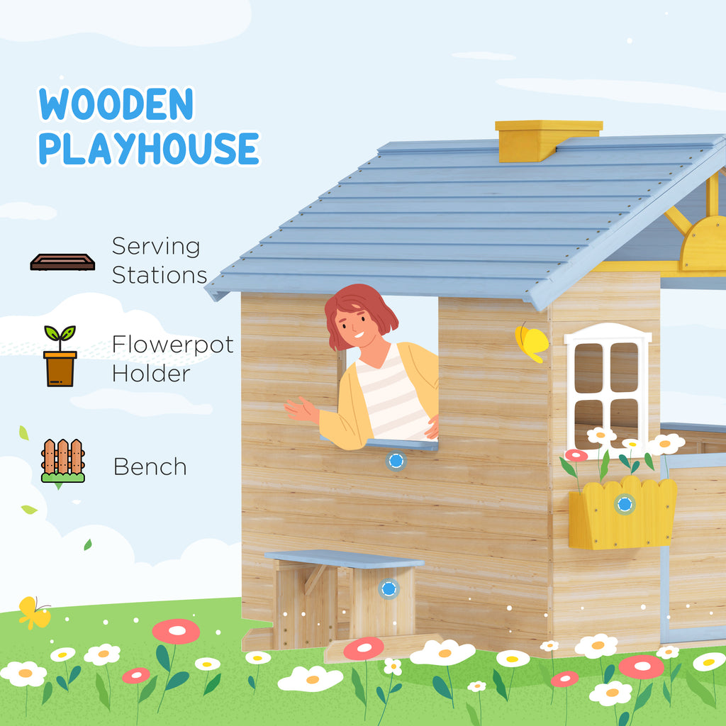 CJ Wooden Playhouse for Kids Outdoor Garden with Working Door, Windows, Bench, Service Station, Flowers Pot Holder, Blue