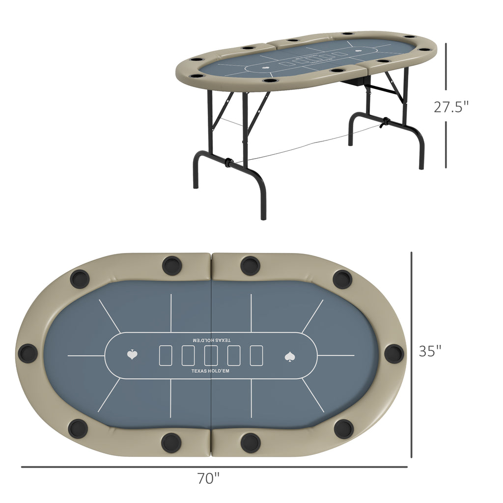 CJ  Foldable Poker Table Blackjack Texas Holdem Poker Game Table with Cup Holders, 70" Oval, Blue