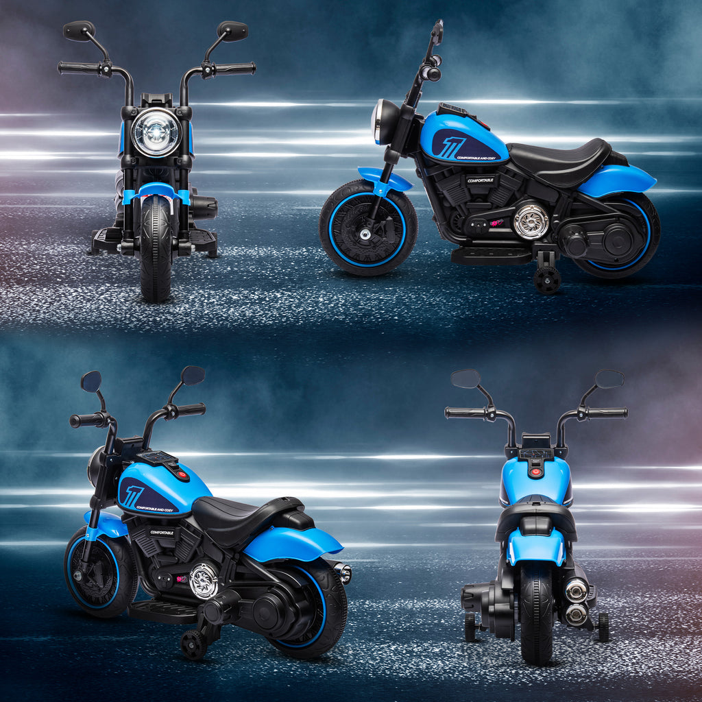 CJ 6V Kids Motorcycle w/ Training Wheels, Single-Button Start, Blue