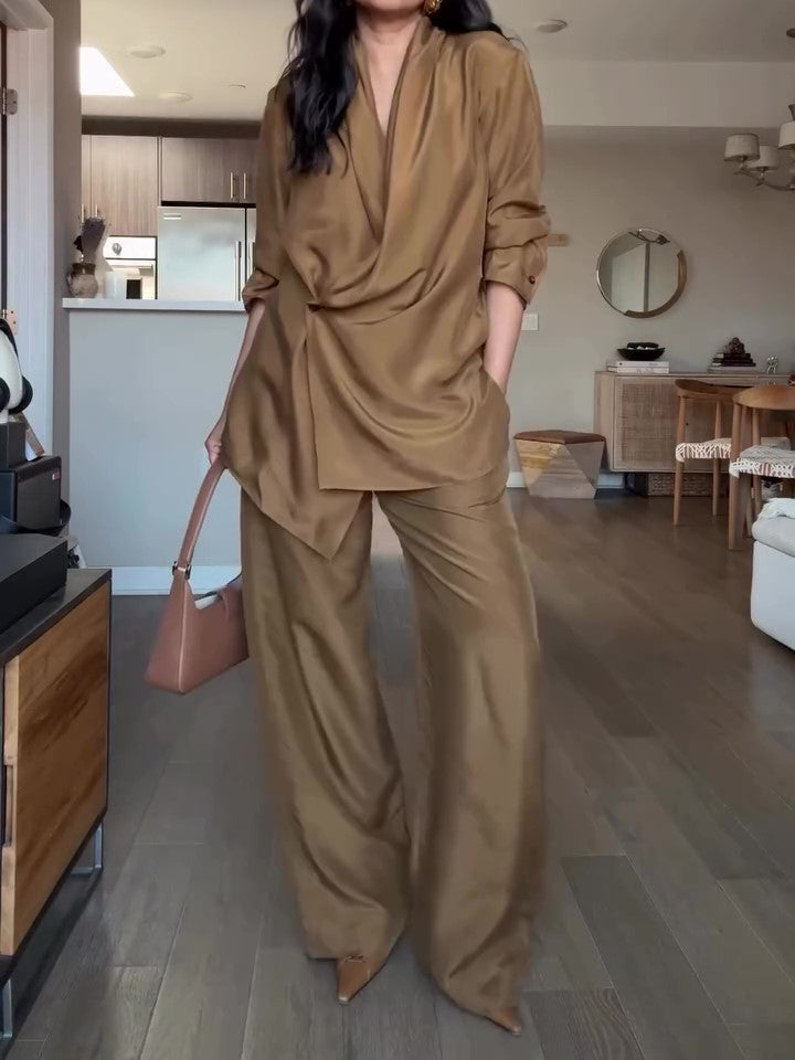 CJ Wrap-style Satin Blouse And Wide-leg Pants Set