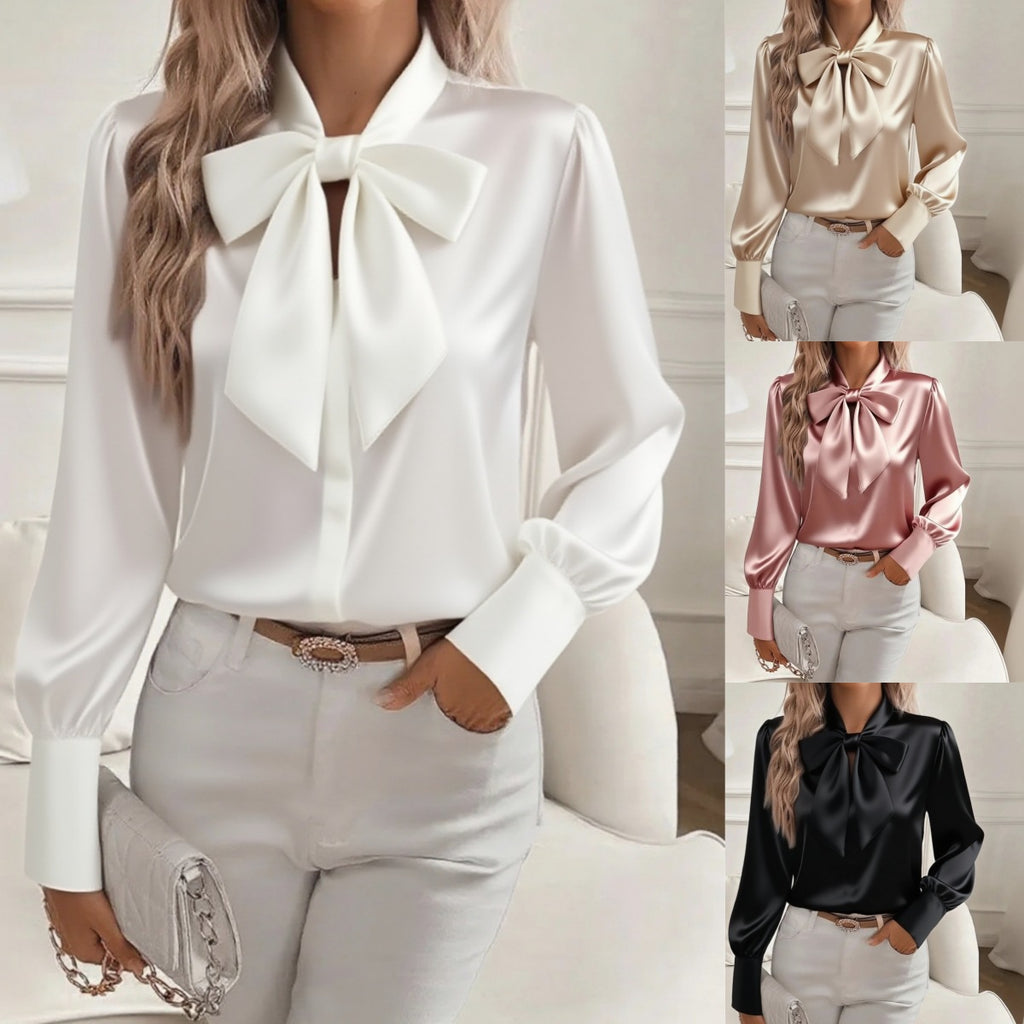 CJ Bow-tie Blouse Fashion Commuting Lace-up Pullover Long-sleeved Top Women's Clothing