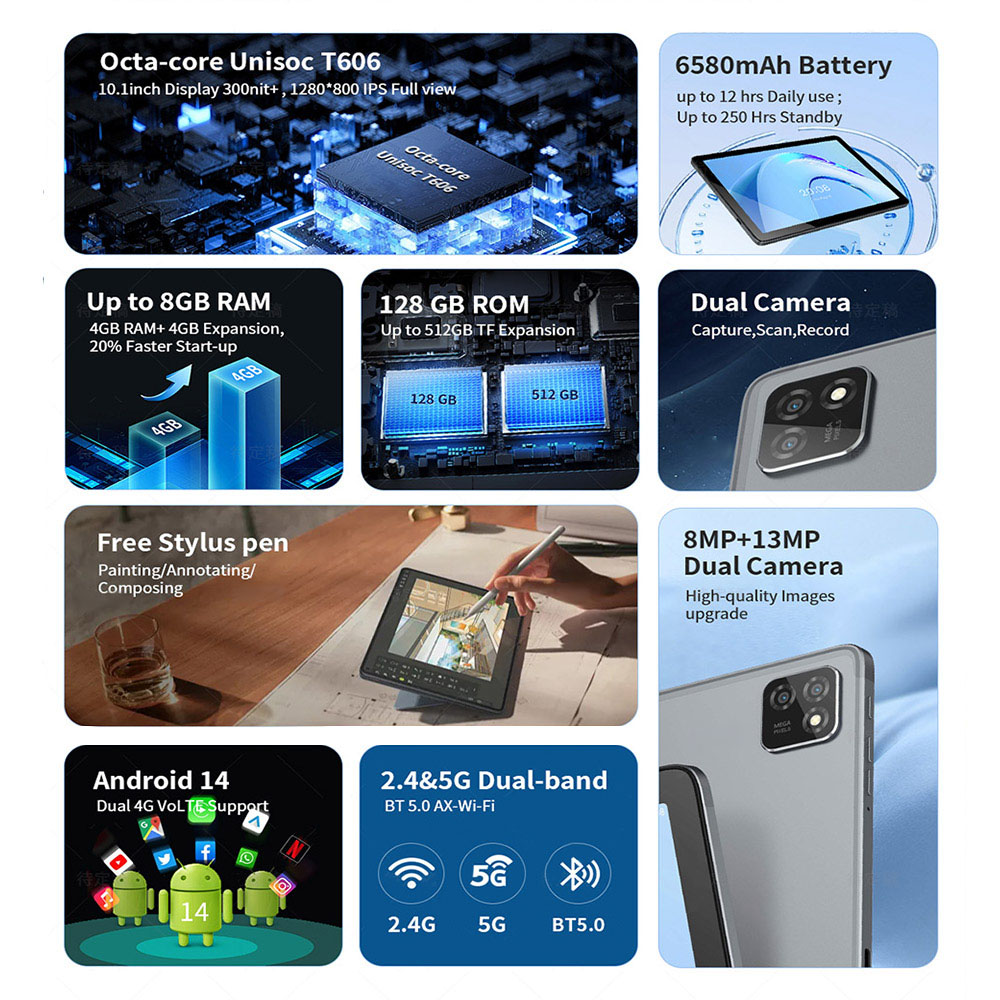 CJ  G-tab T11 Android 14 Tablet 10.1 Inch 1280&800 IPS Screen Unisoc T606 8 Core Max 1.6GHz 8GB RAM 4GB&4GB Expansion128GB ROM 2.4&5GHz WiFi Bluetooth 5.0 6580mAh Battery 8MP&13MP Camera Dual 4G